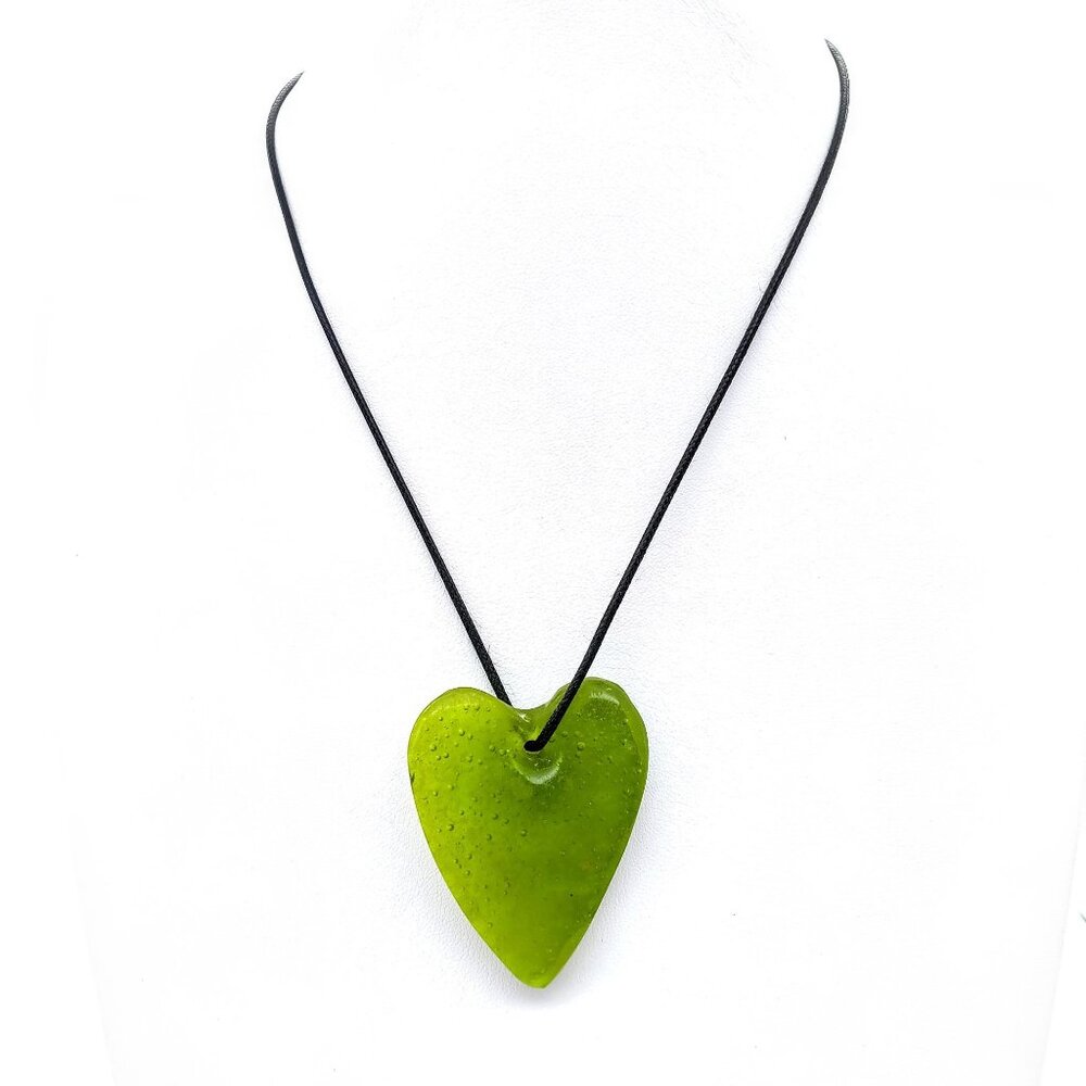 Green Glass Heart Pendant Necklace With Adjustable Black Cord